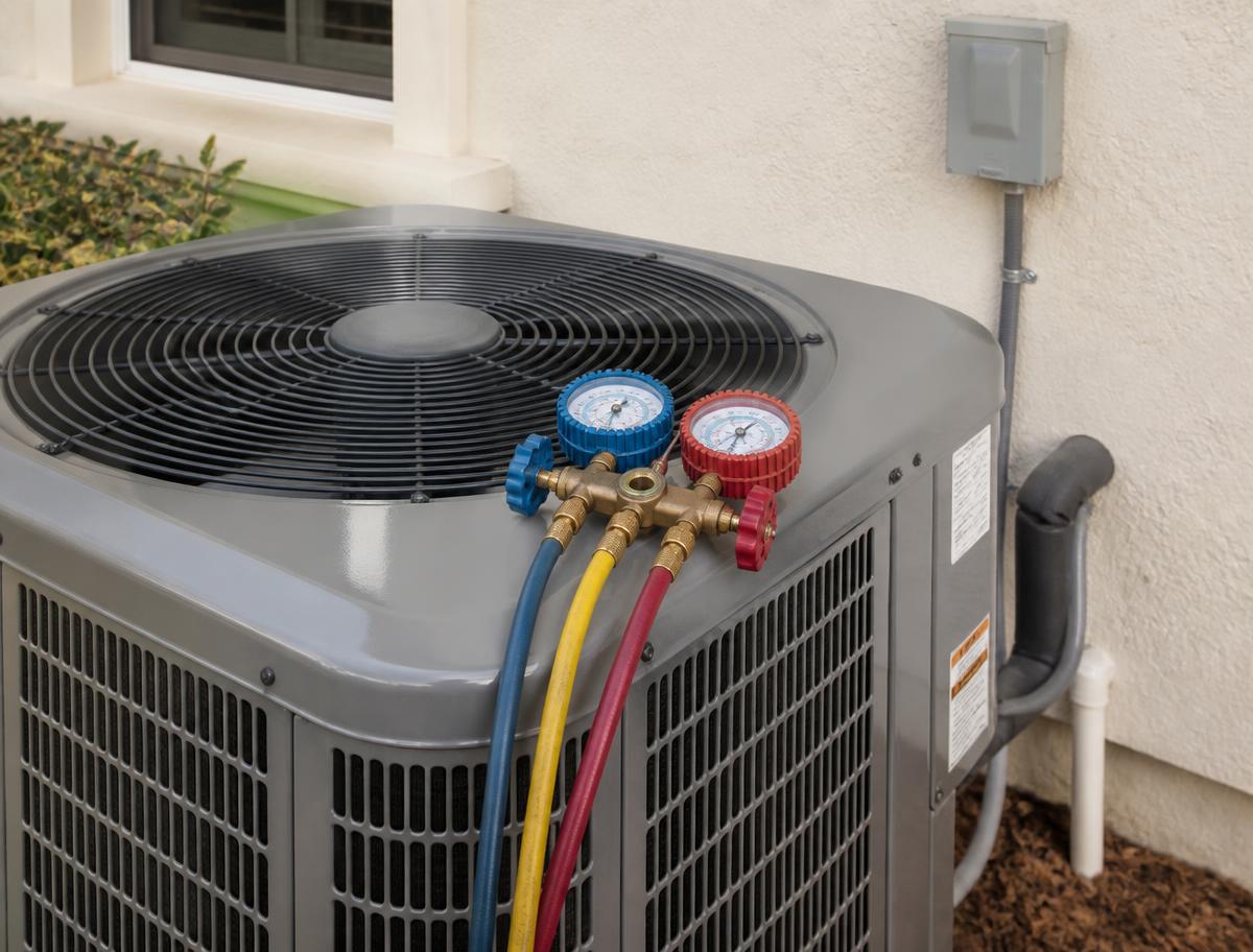 Outdoor air conditioning condenser with service gauges during a system check